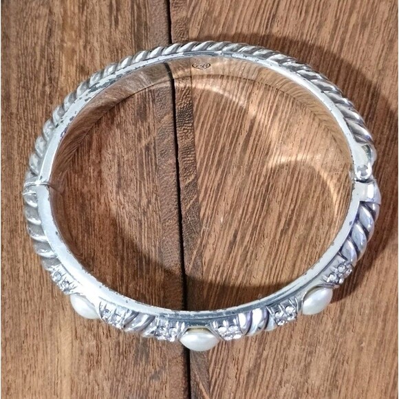 Brighton Faux Pearl Magic Rhinestone Hinged Bangle Bracelet - Picture 2 of 6